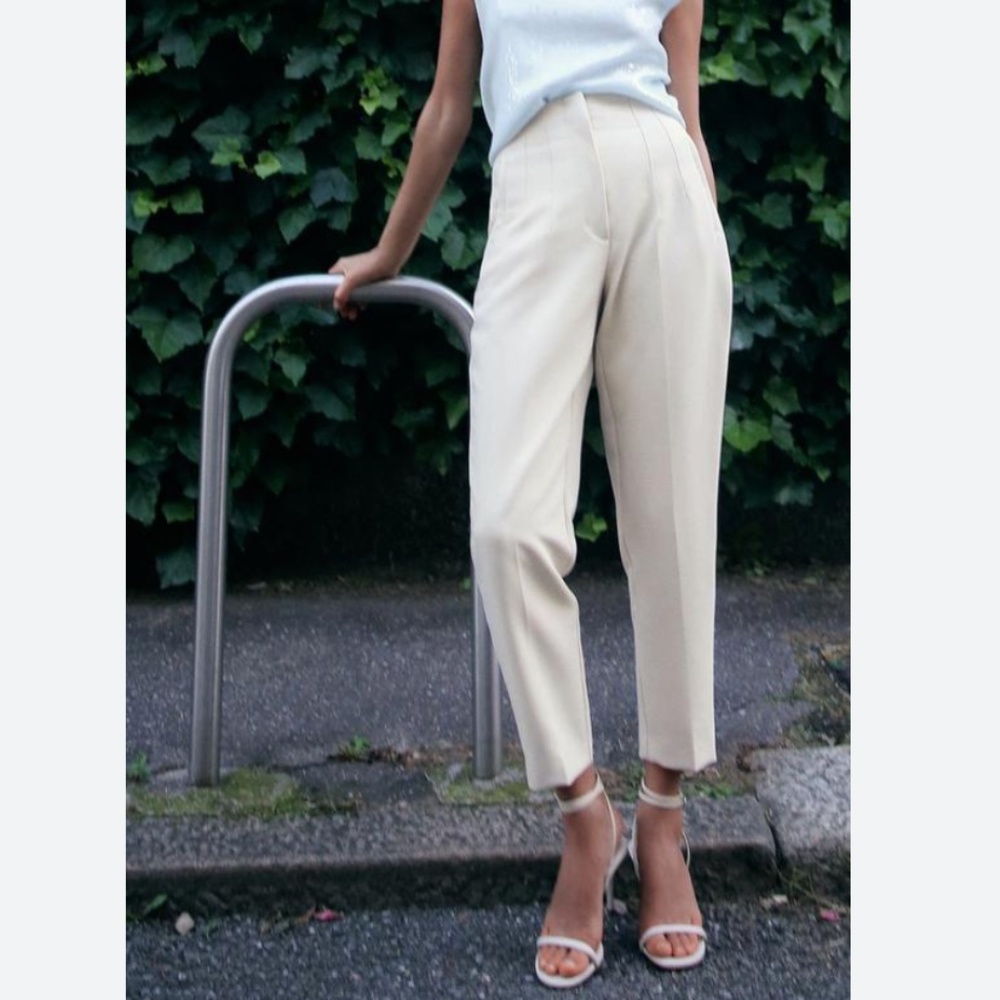 Zara Cream High-Waist Skinny Tapered Pants